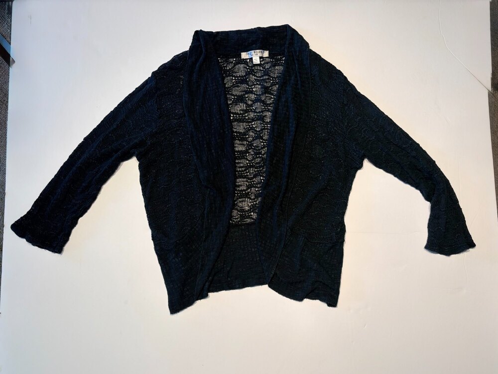 Say What? Cardigan Sweater Open Knit Back Shawl Collar Black Womens Large